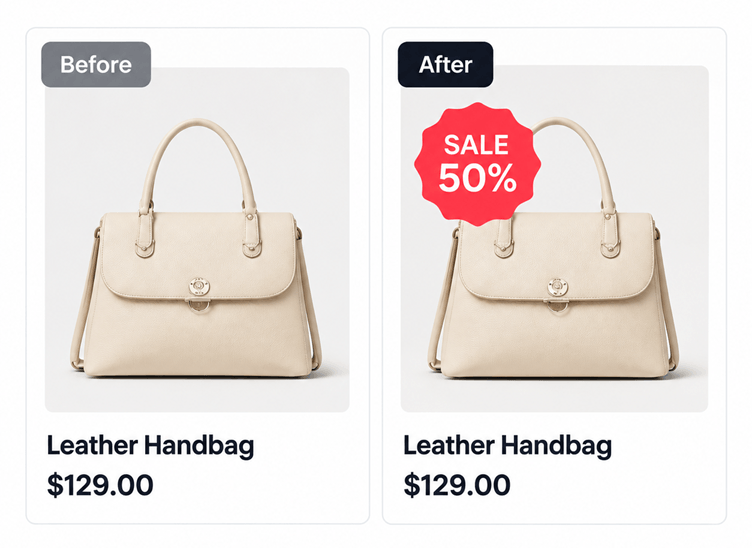 Before and after product cards showing a sale badge applied