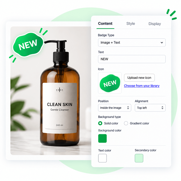 Badge customization interface with product preview and settings panel
