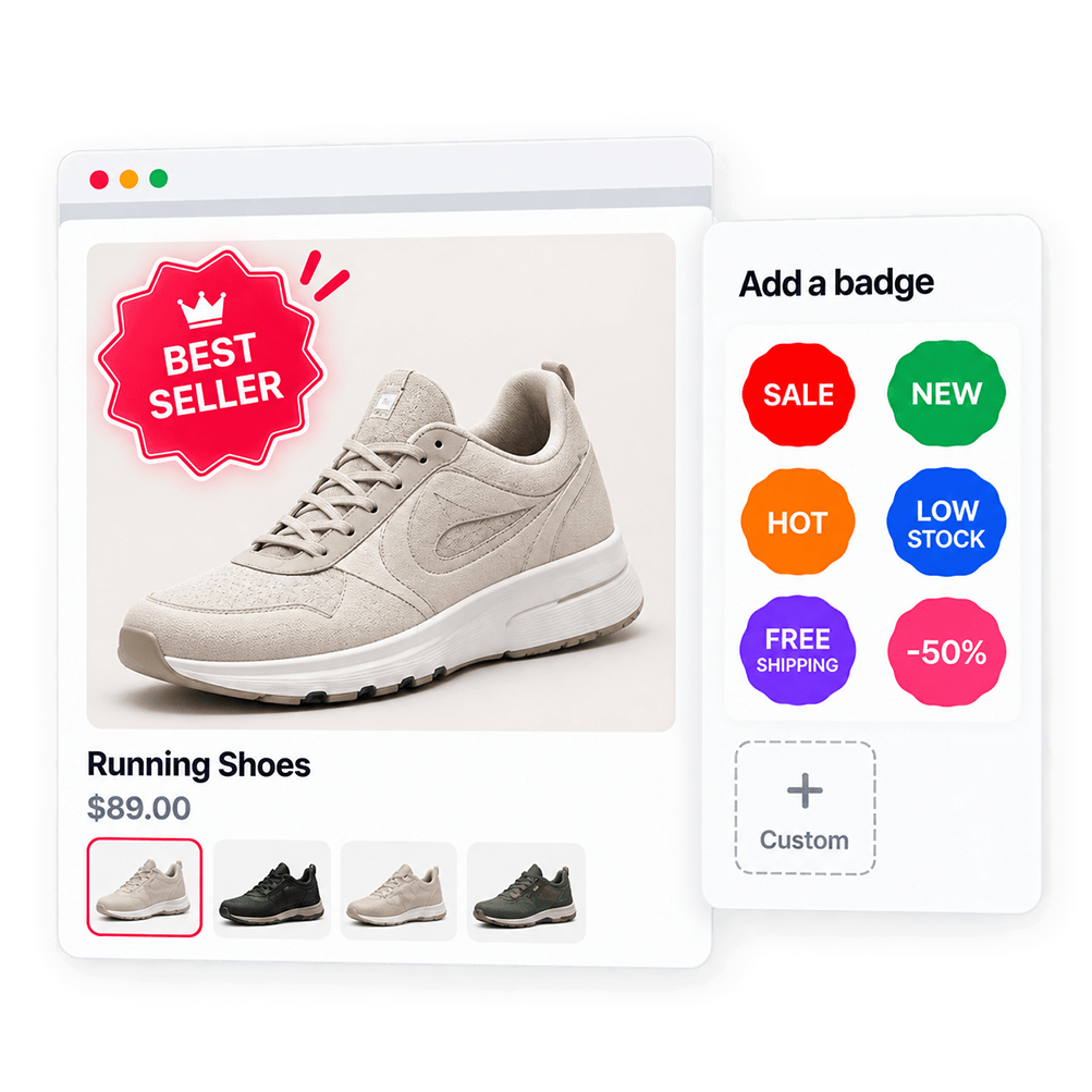 Product card with a Best Seller badge and an Add a badge panel